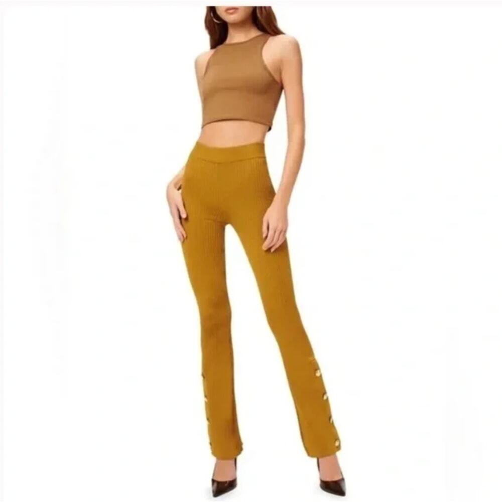 Good American Rib Knit Flare Pants Button Accents Gold Stretch Legging NWT Med